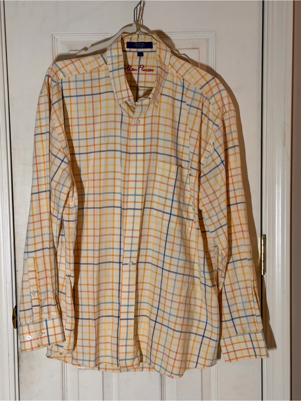 Alan Flusser Yellow Plaid Dress Shirt with Blue and Orange Windowpane